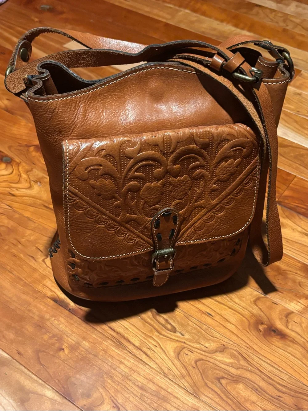 Patricia Nash Italian Leather Cognac Brown Tooled Crossbody Bag with Whipstitch